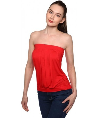 Women Strapless Pleated Blouson Tube Top Red $11.33 Tanks