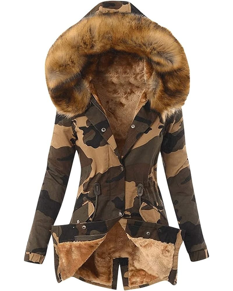 Womens Winter Coats With Fur Hood Fleece Thick Jackets Casual Slim Outerwear Camo Printed Warm Tops With Pocket Brown $11.12 ...