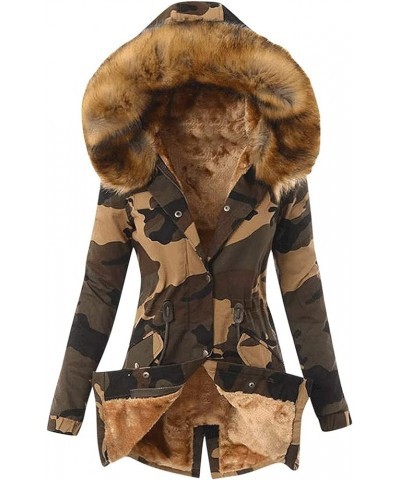 Womens Winter Coats With Fur Hood Fleece Thick Jackets Casual Slim Outerwear Camo Printed Warm Tops With Pocket Brown $11.12 ...