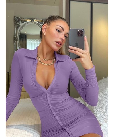 Women's Sexy Long Sleeve Ruched Button Down Front Mini Shirts Dress Purple $14.70 Dresses