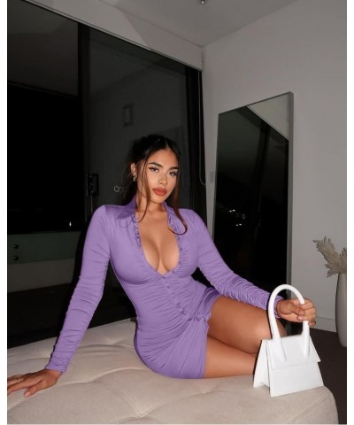 Women's Sexy Long Sleeve Ruched Button Down Front Mini Shirts Dress Purple $14.70 Dresses