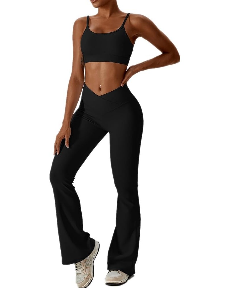 Workout Sets for Women 2 Piece Ribbed Lace Up Back Sports Bra Crossover High Waist Flare Leggings Gym Sets Black $19.31 Activ...