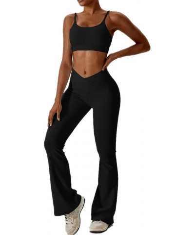 Workout Sets for Women 2 Piece Ribbed Lace Up Back Sports Bra Crossover High Waist Flare Leggings Gym Sets Black $19.31 Activ...