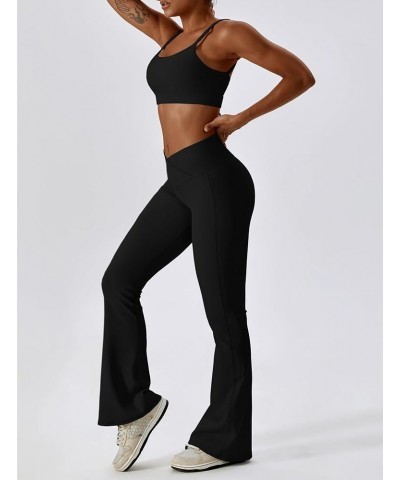 Workout Sets for Women 2 Piece Ribbed Lace Up Back Sports Bra Crossover High Waist Flare Leggings Gym Sets Black $19.31 Activ...