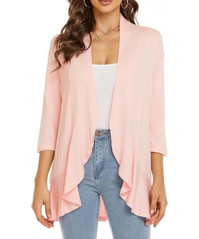 Women Autumn Cardigan Solid Color Summer Casual Lightweight Cover ups 3/4 Sleeve Open Front Draped Ruffles Spring Top Pink $9...