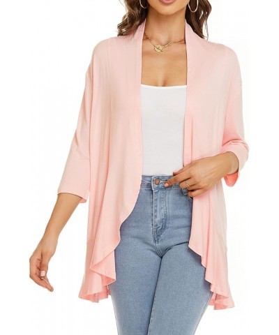 Women Autumn Cardigan Solid Color Summer Casual Lightweight Cover ups 3/4 Sleeve Open Front Draped Ruffles Spring Top Pink $9...