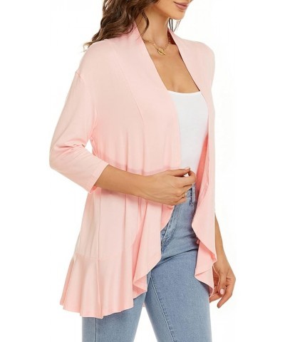 Women Autumn Cardigan Solid Color Summer Casual Lightweight Cover ups 3/4 Sleeve Open Front Draped Ruffles Spring Top Pink $9...