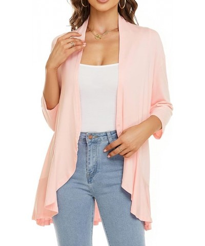 Women Autumn Cardigan Solid Color Summer Casual Lightweight Cover ups 3/4 Sleeve Open Front Draped Ruffles Spring Top Pink $9...