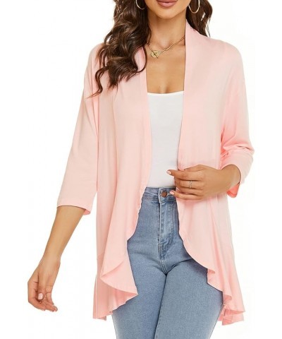 Women Autumn Cardigan Solid Color Summer Casual Lightweight Cover ups 3/4 Sleeve Open Front Draped Ruffles Spring Top Pink $9...