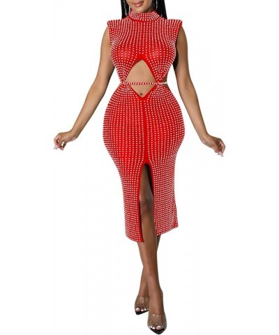 Women Long Sleeve Rhinestone Birthday Party Dresses Sexy Club Night Out Dress See Through Clubwear O-red $19.68 Dresses