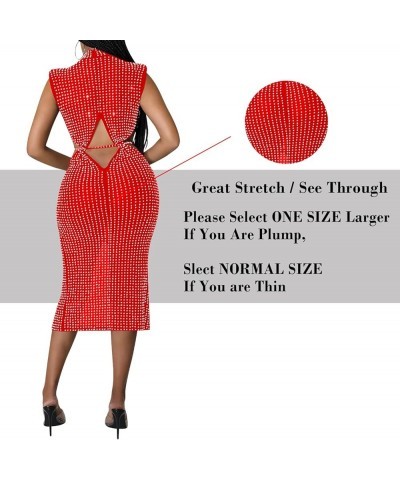 Women Long Sleeve Rhinestone Birthday Party Dresses Sexy Club Night Out Dress See Through Clubwear O-red $19.68 Dresses