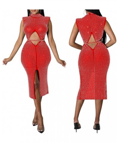 Women Long Sleeve Rhinestone Birthday Party Dresses Sexy Club Night Out Dress See Through Clubwear O-red $19.68 Dresses