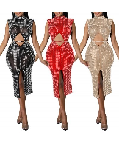 Women Long Sleeve Rhinestone Birthday Party Dresses Sexy Club Night Out Dress See Through Clubwear O-red $19.68 Dresses