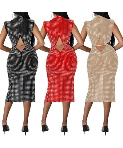 Women Long Sleeve Rhinestone Birthday Party Dresses Sexy Club Night Out Dress See Through Clubwear O-red $19.68 Dresses