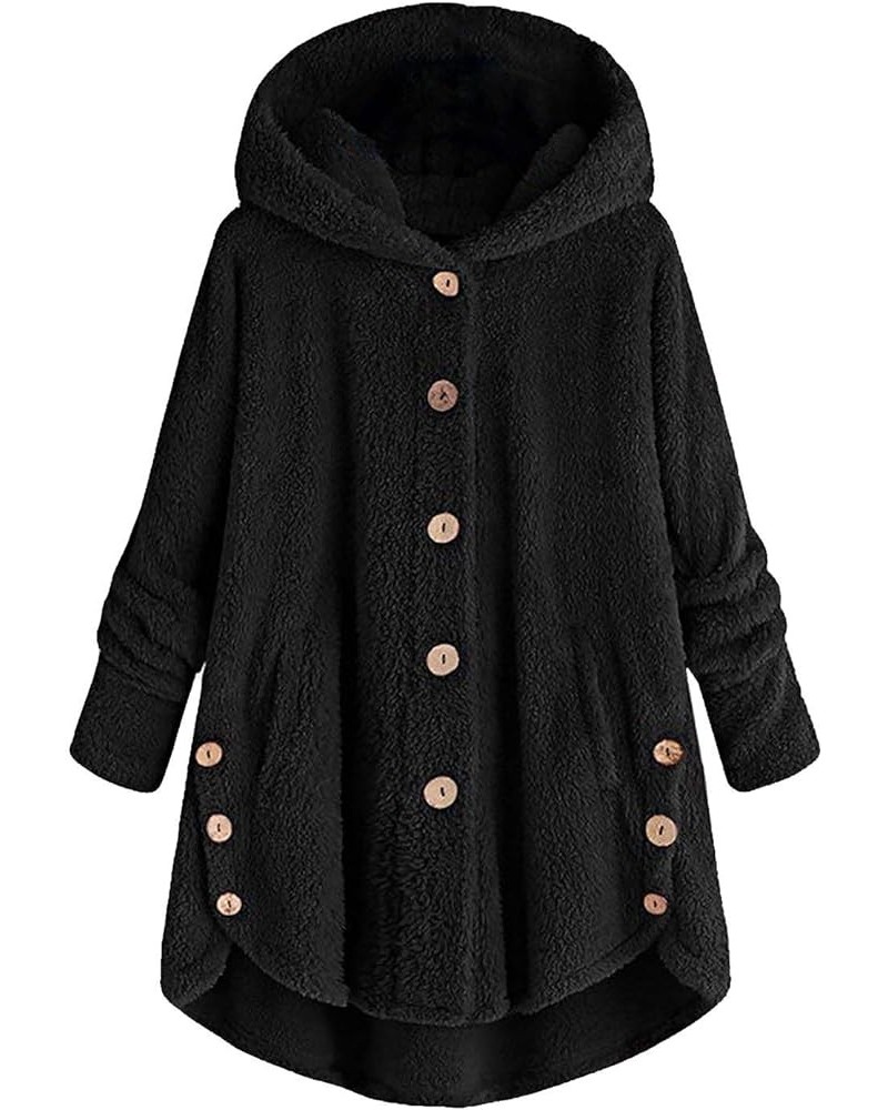 Womens Fuzzy Fleece Sherpa Hoodies Oversized Teddy Bear Coat Button Down Sweatshirt with Pockets Soft Fall Jackets 02 Black -...