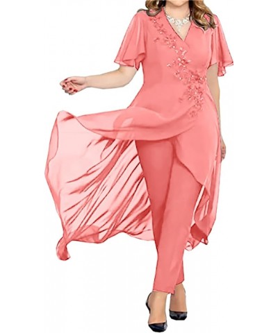 Women's Chiffon 2 Pieces Mother of The Bride Pant Suits for Wedding V Neck Mother of The Groom Dresses MIS17 Coral $30.60 Suits