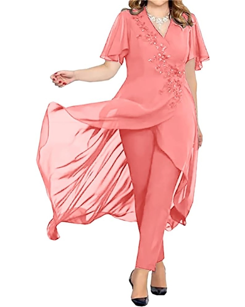 Women's Chiffon 2 Pieces Mother of The Bride Pant Suits for Wedding V Neck Mother of The Groom Dresses MIS17 Coral $30.60 Suits