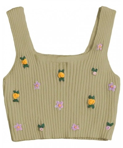 Women's Sleeveless Ribbed Knit Vest Top Scoop Neck Floral Slim Fit Crop Tank Tops Khaki $17.35 Tanks