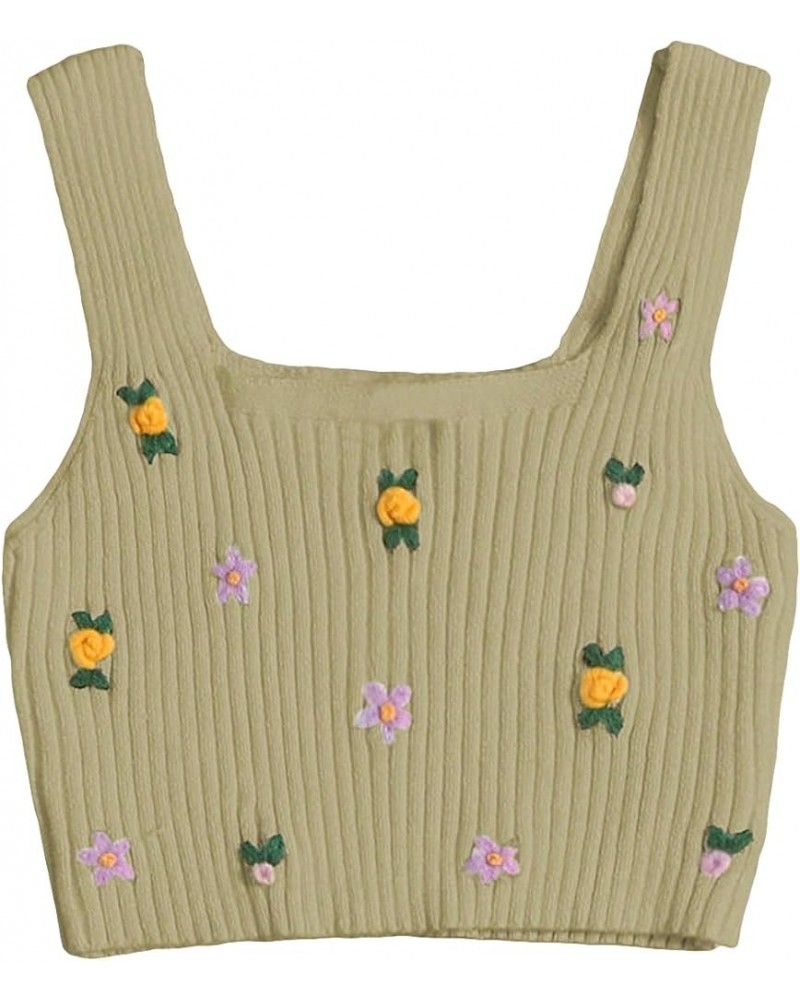 Women's Sleeveless Ribbed Knit Vest Top Scoop Neck Floral Slim Fit Crop Tank Tops Khaki $17.35 Tanks