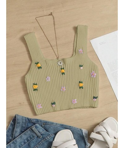 Women's Sleeveless Ribbed Knit Vest Top Scoop Neck Floral Slim Fit Crop Tank Tops Khaki $17.35 Tanks