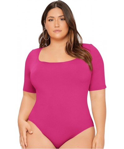 Women's Plus Size Basic Short Sleeve Bodysuit Scoop Neck T Shirts Bodysuit Hot Pink $14.40 Bodysuits