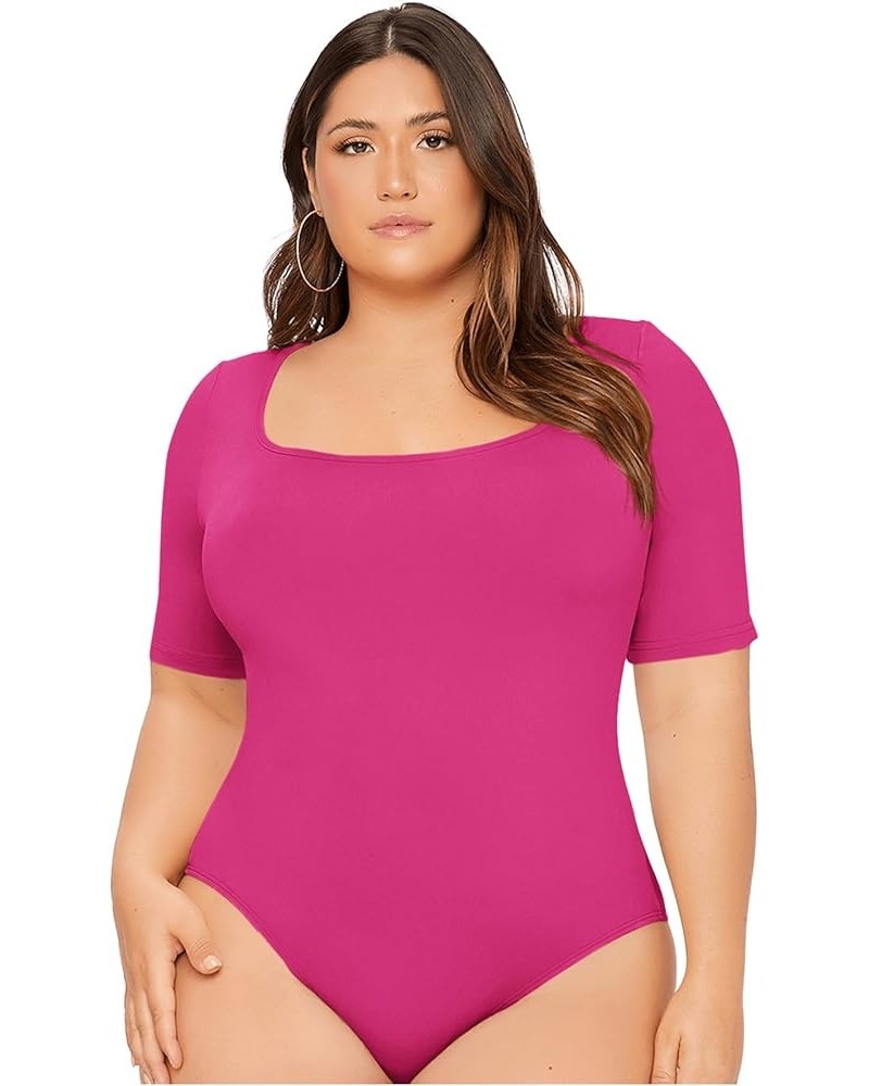 Women's Plus Size Basic Short Sleeve Bodysuit Scoop Neck T Shirts Bodysuit Hot Pink $14.40 Bodysuits