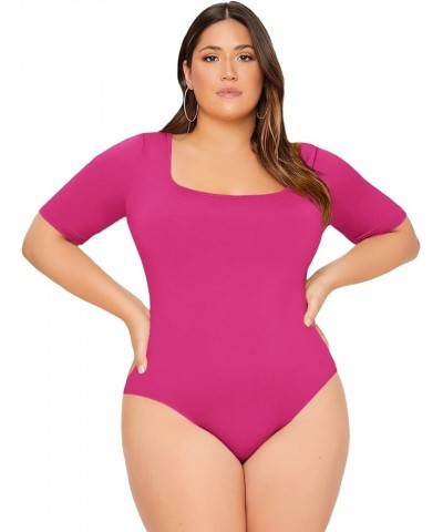 Women's Plus Size Basic Short Sleeve Bodysuit Scoop Neck T Shirts Bodysuit Hot Pink $14.40 Bodysuits