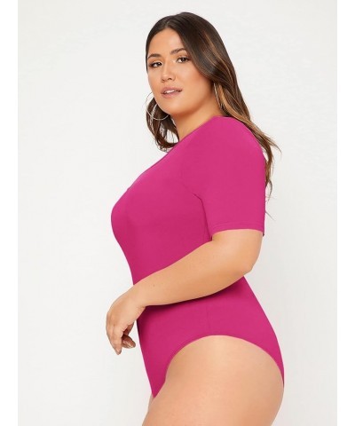 Women's Plus Size Basic Short Sleeve Bodysuit Scoop Neck T Shirts Bodysuit Hot Pink $14.40 Bodysuits