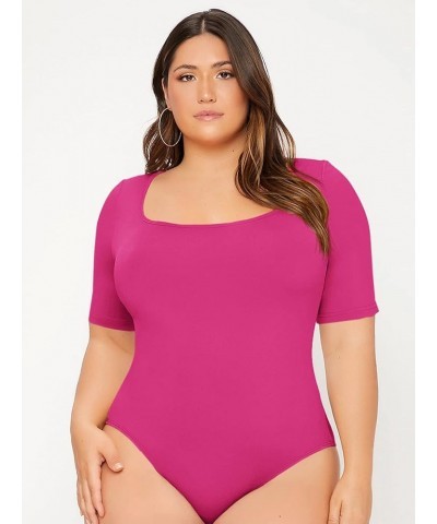 Women's Plus Size Basic Short Sleeve Bodysuit Scoop Neck T Shirts Bodysuit Hot Pink $14.40 Bodysuits