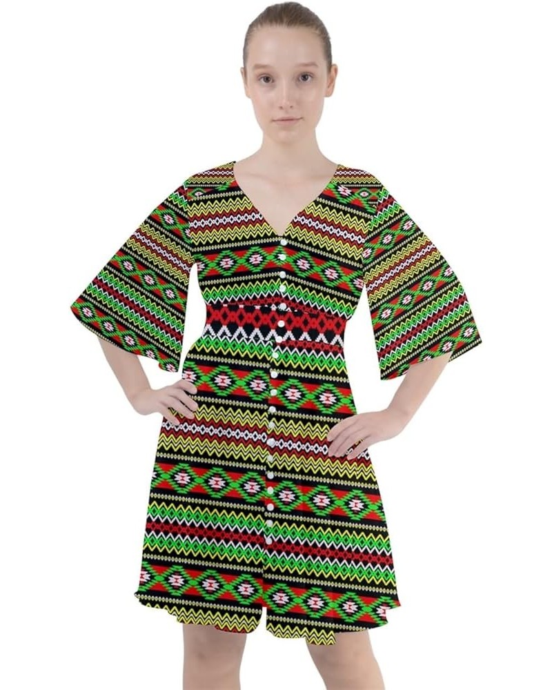 Womens Boho Button Up Dress Marijuana Cannabis Leaf Marihuana Rasta Dashiki V-Neck Flare Sleeve Mini Dress Rasta Green Boho $...