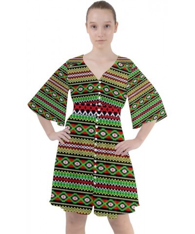 Womens Boho Button Up Dress Marijuana Cannabis Leaf Marihuana Rasta Dashiki V-Neck Flare Sleeve Mini Dress Rasta Green Boho $...