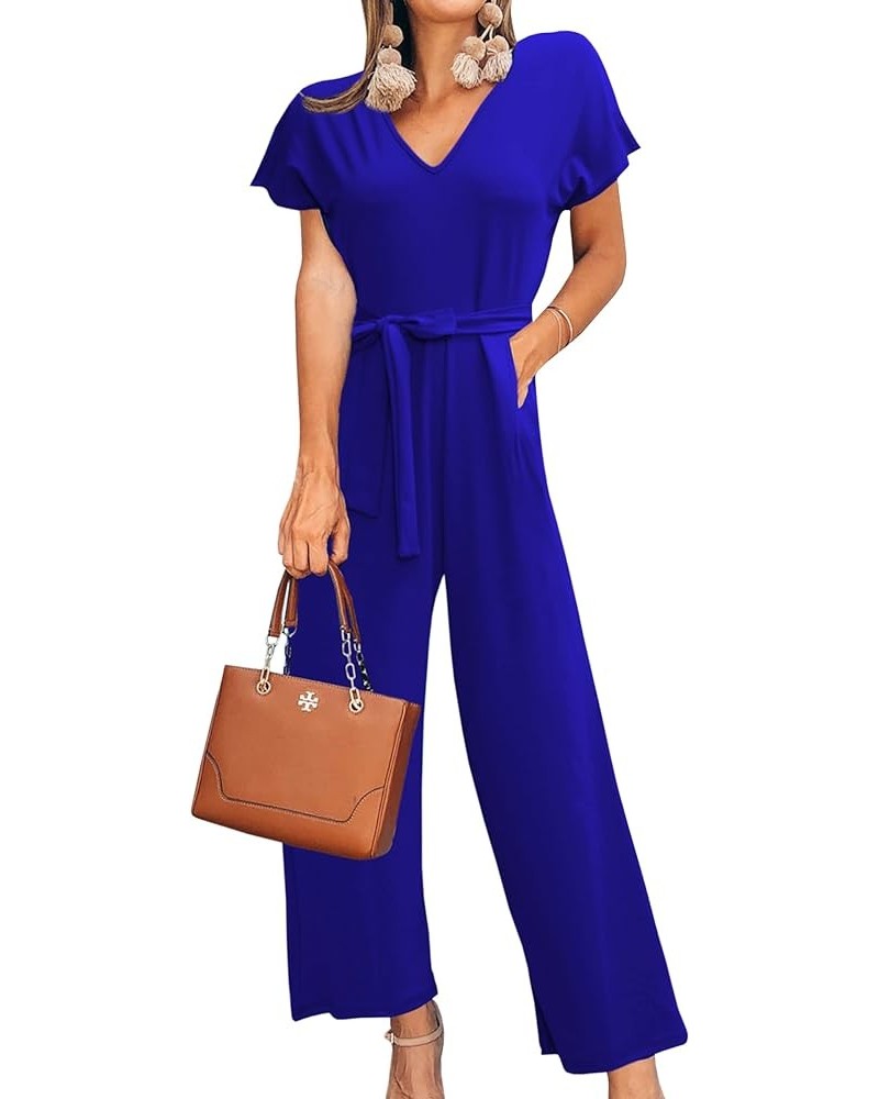 Womens Jumpsuits 2023 Tie Waist V Neck Jumpsuits Wide Leg Pants Casual Romper with Pockets Royal Blue $15.99 Jumpsuits