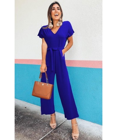 Womens Jumpsuits 2023 Tie Waist V Neck Jumpsuits Wide Leg Pants Casual Romper with Pockets Royal Blue $15.99 Jumpsuits