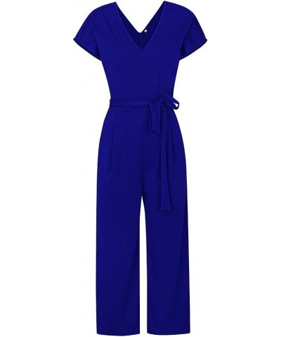 Womens Jumpsuits 2023 Tie Waist V Neck Jumpsuits Wide Leg Pants Casual Romper with Pockets Royal Blue $15.99 Jumpsuits