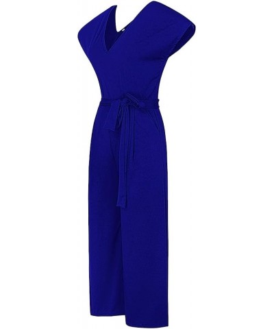 Womens Jumpsuits 2023 Tie Waist V Neck Jumpsuits Wide Leg Pants Casual Romper with Pockets Royal Blue $15.99 Jumpsuits