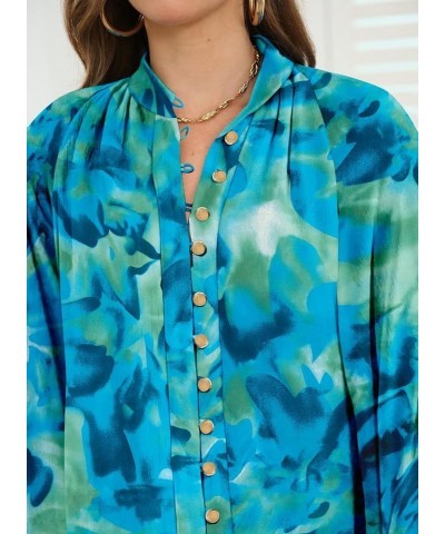 Womens Button Down Long Sleeve Tops Dressy Casual Fall Print Shirts Bussiness Work Blouses Printed Blue $18.87 Blouses