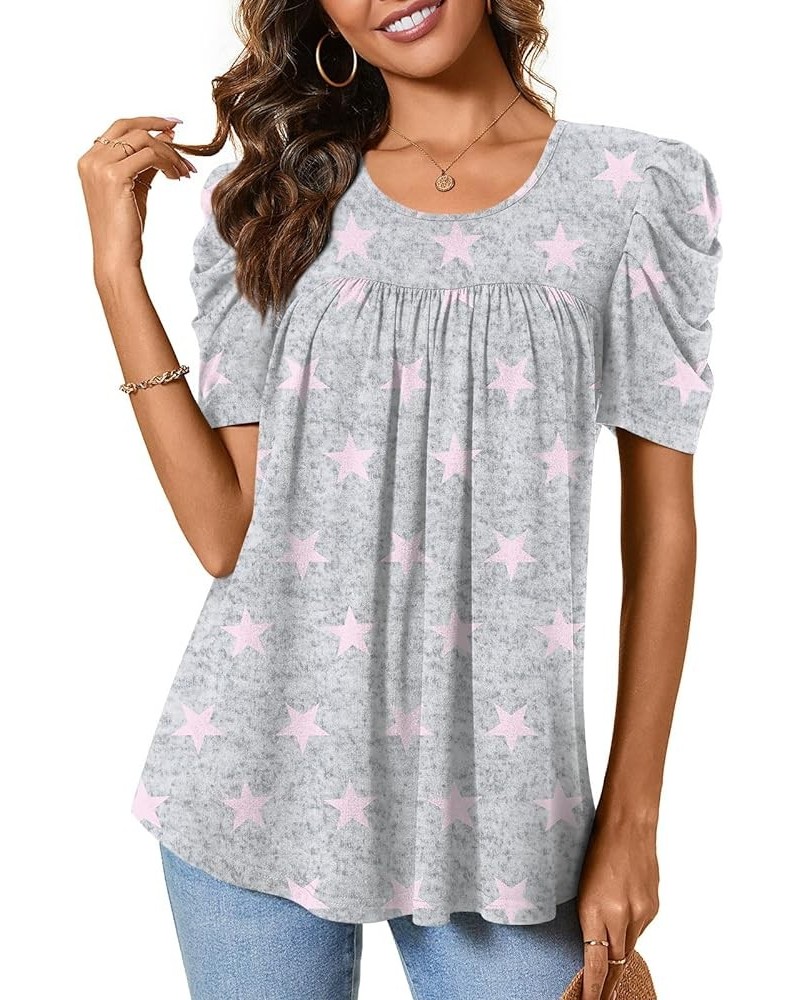 Women Tunic Top Summer Short Puff Sleeve Chest Pleated T-Shirt Casual Blouse Loose Tee Crew Short Pink Stars-grey $10.00 Tops