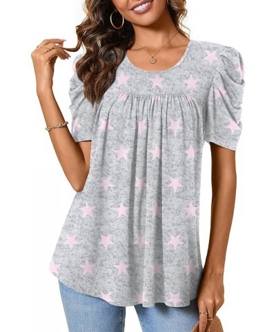 Women Tunic Top Summer Short Puff Sleeve Chest Pleated T-Shirt Casual Blouse Loose Tee Crew Short Pink Stars-grey $10.00 Tops