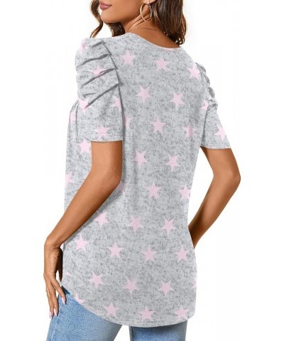 Women Tunic Top Summer Short Puff Sleeve Chest Pleated T-Shirt Casual Blouse Loose Tee Crew Short Pink Stars-grey $10.00 Tops