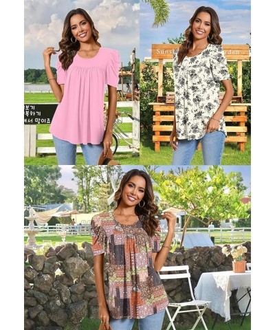 Women Tunic Top Summer Short Puff Sleeve Chest Pleated T-Shirt Casual Blouse Loose Tee Crew Short Pink Stars-grey $10.00 Tops