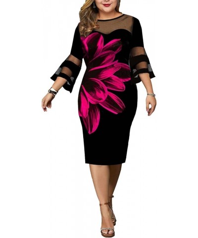 Women's Plus Size Flared 3/4 Sleeve Elegant Floral Print Midi Dress B13-rose Red $16.59 Dresses