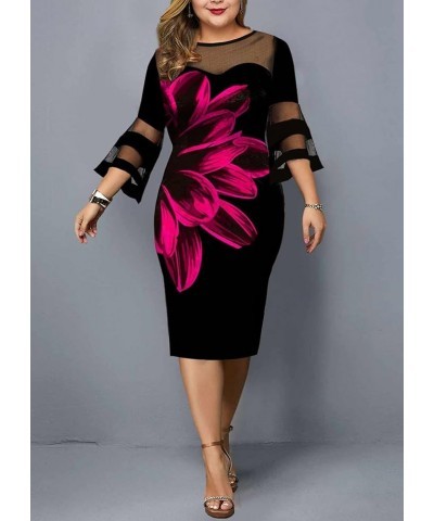 Women's Plus Size Flared 3/4 Sleeve Elegant Floral Print Midi Dress B13-rose Red $16.59 Dresses