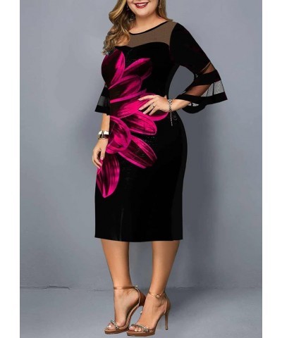 Women's Plus Size Flared 3/4 Sleeve Elegant Floral Print Midi Dress B13-rose Red $16.59 Dresses