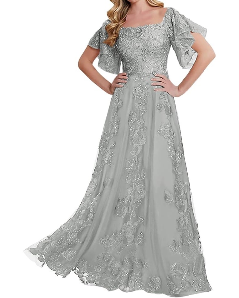 Lace Mother of The Bride Dresses - Sleeves Formal Evening Gowns Wedding Long Silver $47.00 Dresses