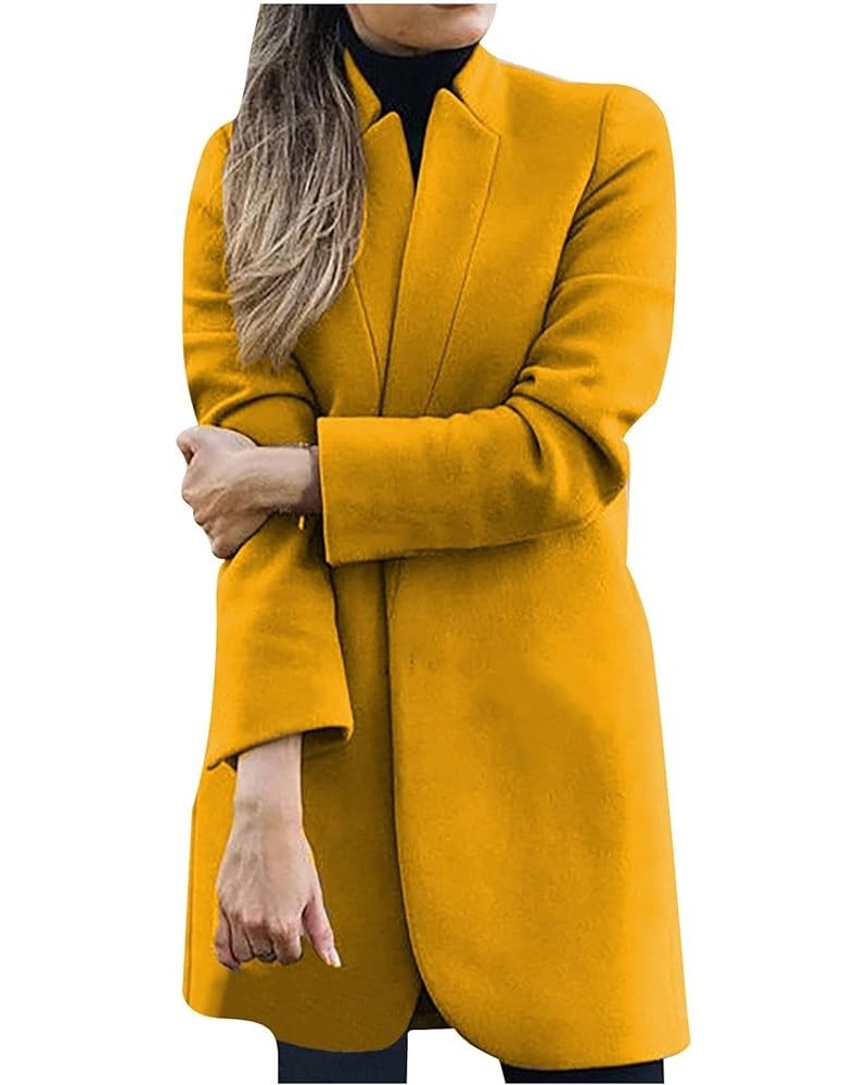 Women's Winter Open Front Woolen Mid Coat Solid Color Casual Long Sleeve Pea Coat Jacket Yellow $10.13 Coats