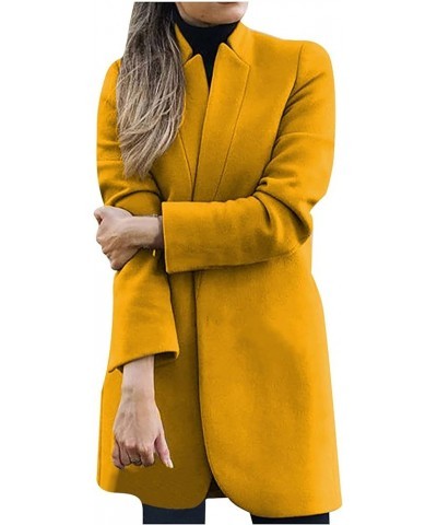 Women's Winter Open Front Woolen Mid Coat Solid Color Casual Long Sleeve Pea Coat Jacket Yellow $10.13 Coats