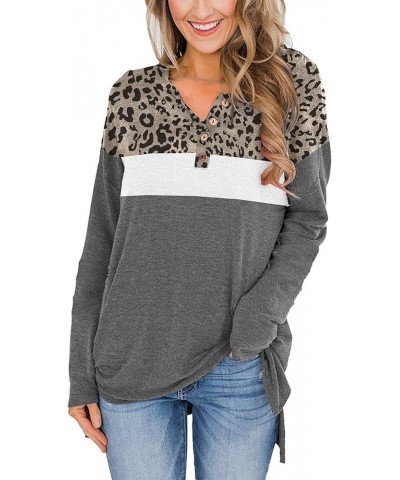 Womens Long Sleeve Shirts Basic Tunic Tops Color Block Causal Shirts Side Split Leopard-grey $9.53 Tops