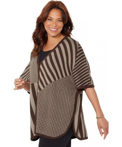 Women's Plus Size V-Neck Pullover Poncho Chai Latte Stripe $34.72 Sweaters