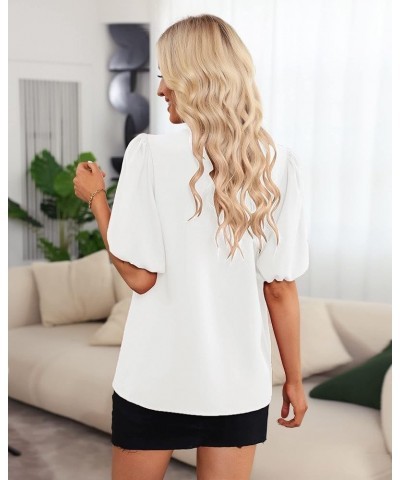 Business Casual Tops for Women Work Blouses Dressy Short Puff Sleeve Office Pleated V Neck Trendy Summer Blouse Brilliant Whi...