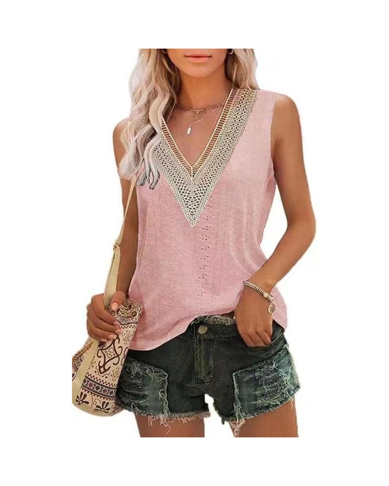 2024 Women's Sleeveless Tank Tops Lace Summer Tops V Neck Cute Shirt Pink $8.39 Tops